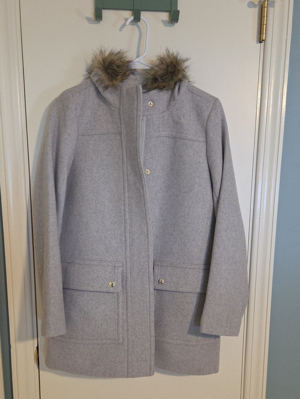 J. Crew Light Gray Wool-Blend Peacoat with Faux Fur Trim - Picture 1 of 4